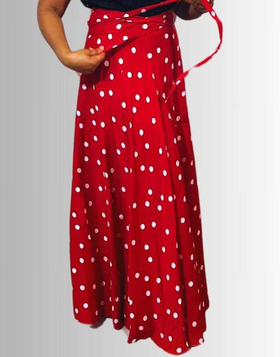 Vibrant red and white polka dot wrap skirt