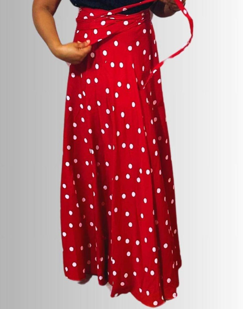 Vibrant red and white polka dot wrap skirt