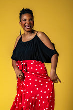 Vibrant red and white polka dot wrap skirt