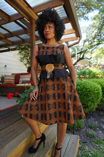 Ventage Black and Brown Adire Dress with Gold Trim Custom Made Dress